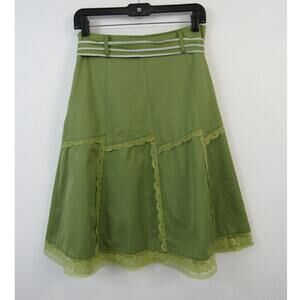 MOA USA Medium Green Knee Length Skirt Ruffled Lace Hem Belt Y2K A-Line Skirt